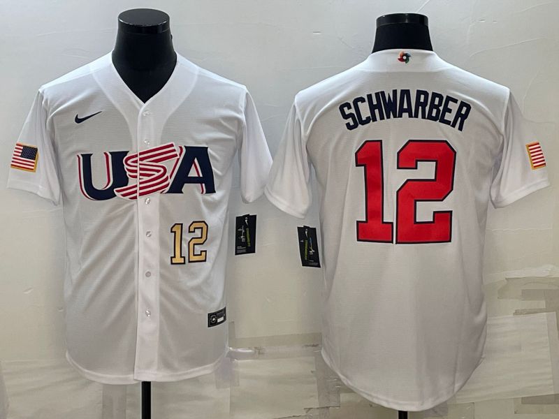 Men 2023 World Cub USA 12 Schwarber White Nike MLB Jersey2